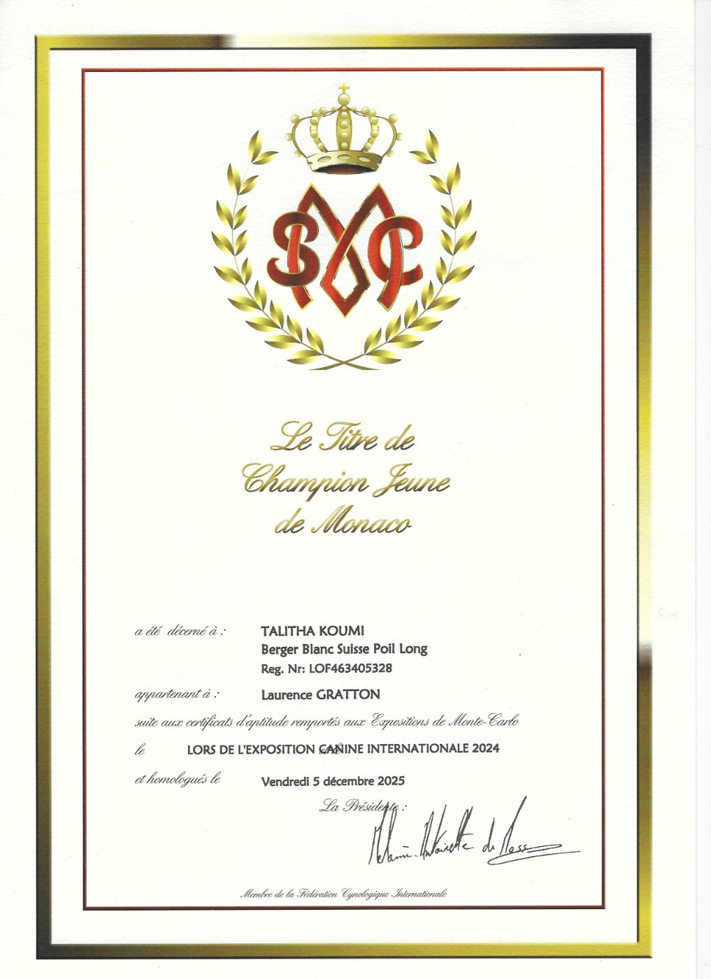 Entre Ciel Et Terre - Le beau diplôme de Champion Jeune de Monaco est arrivé ce matin!